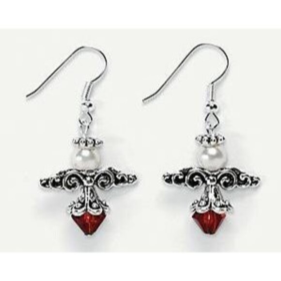 Red, White and Silvertone Beaded Angel Earrings - Picture 1 of 4